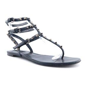 VALENTINO Rockstud Black Leather Caged Gladiator Thong Sandals 38